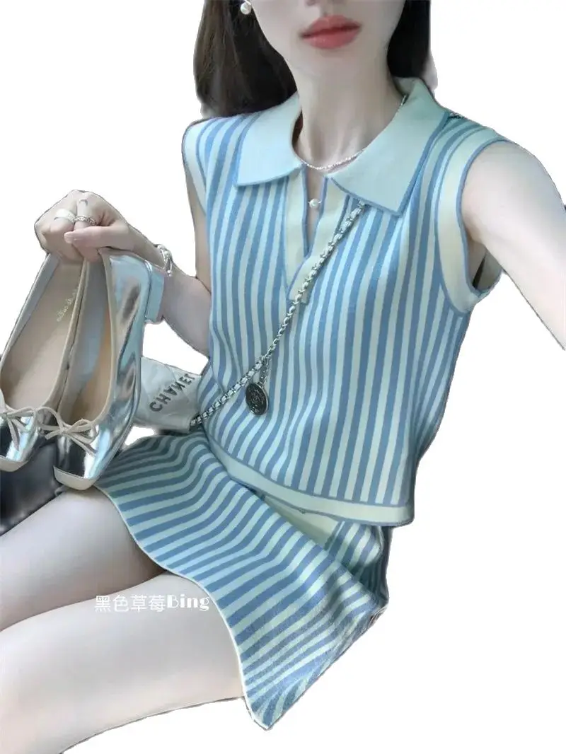 Korea Suit Women'S Summer Blue And White Striped Knitted Sleeveless Vest High Waisted Mini Skirt Two-Piece Set 2024 New