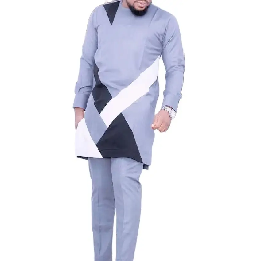 

Комплект одежды в африканском стиле, мужские рубашки в стиле пэчворк + однотонные брюки, высококачественные серые хлопковые мужские свадебные костюмы на заказ