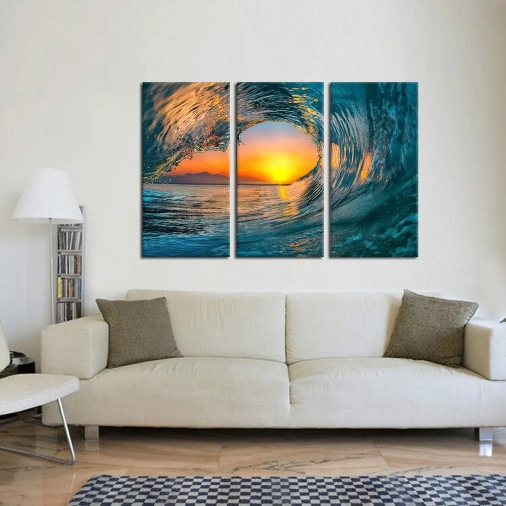 

Large 3 Pieces Canvas Wall Art Sunset Sea Water Ocean Wave Pictures Paintings Framed Seascape Artwork Ready Hang for Decorations
