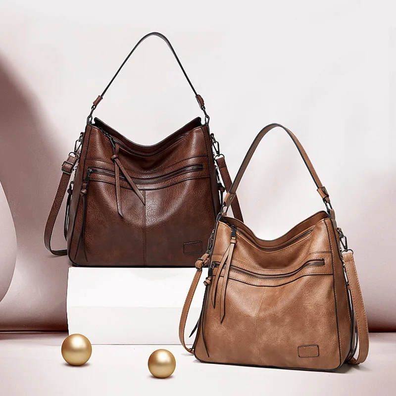 2Pcs/Set Women Vintage Soft PU Leather Handbag Large Tassel Tote Shoulder  Bag