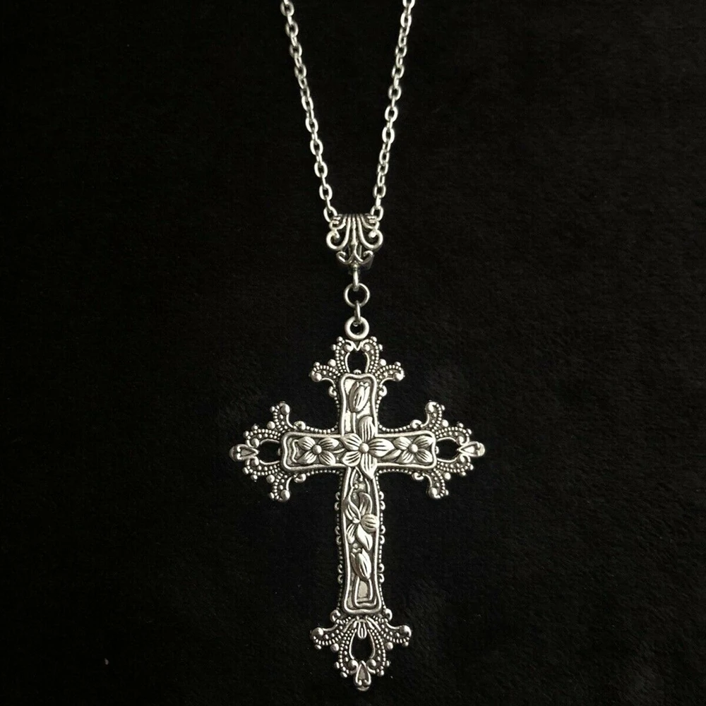 Victorian-Inspired Gothic Silver Cross Necklace with Extra-Long Chain