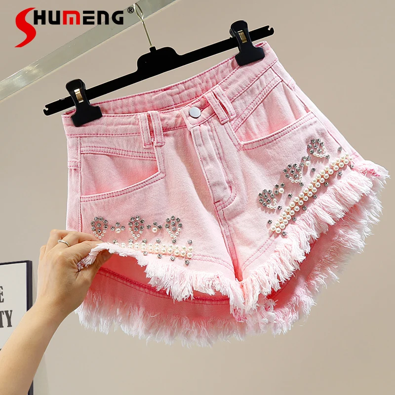 contas-chiques-femininas-com-diamantes-shorts-jeans-irregulares-bainha-crua-perna-larga-shorts-linha-a-cintura-alta-emagrecedor-coreano-rosa-quente