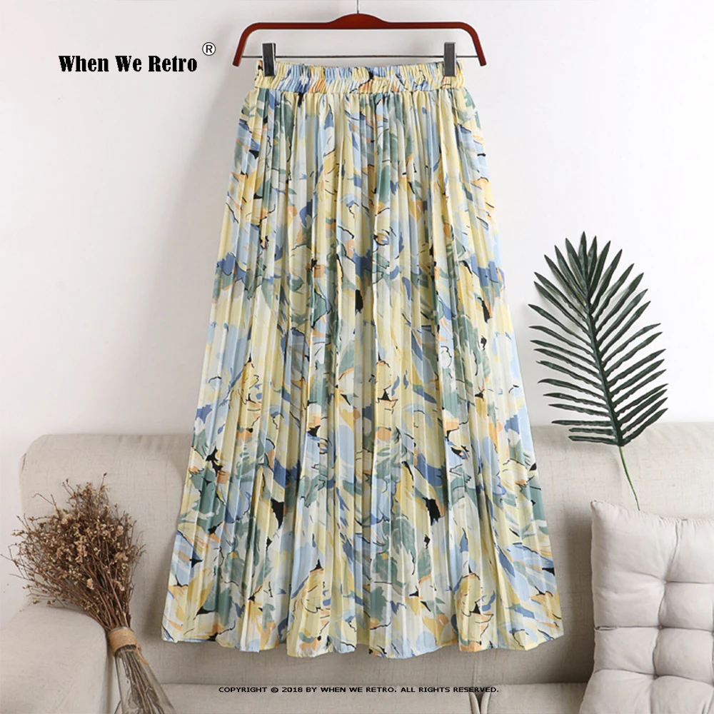 

Korean Fashion Summer Pleated Skirts Polka Dots Floral Printed Elastic Waist Long Chiffon Skirts Beach Holiday Boho Falda VD3924