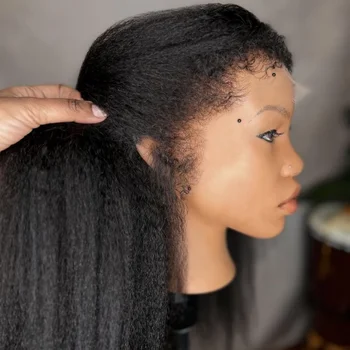 26Inch Soft Yaki Preplucked Black Color 180Density Kinky Straight Lace Front Wig Synthetic Baby Hair Glueless Daily Wear Wig