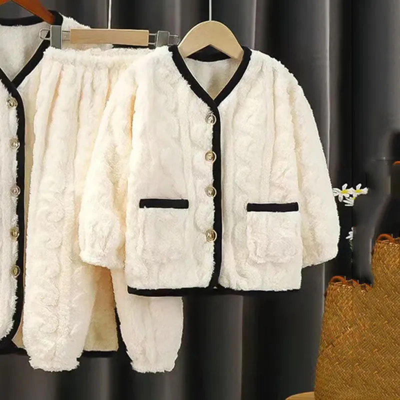 

Minimalist Style Girls' Thickened Pajamas Medium Large Children Winter Warm Home Clothes Set Fashion Baby Girl's Plush Pajamas