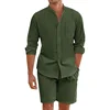 Daily Casual Breathable Cotton Linen Outfits Mens Vintage Stand Collar Button-up Shirts And Shorts Sets For Men Clothing Summer 6