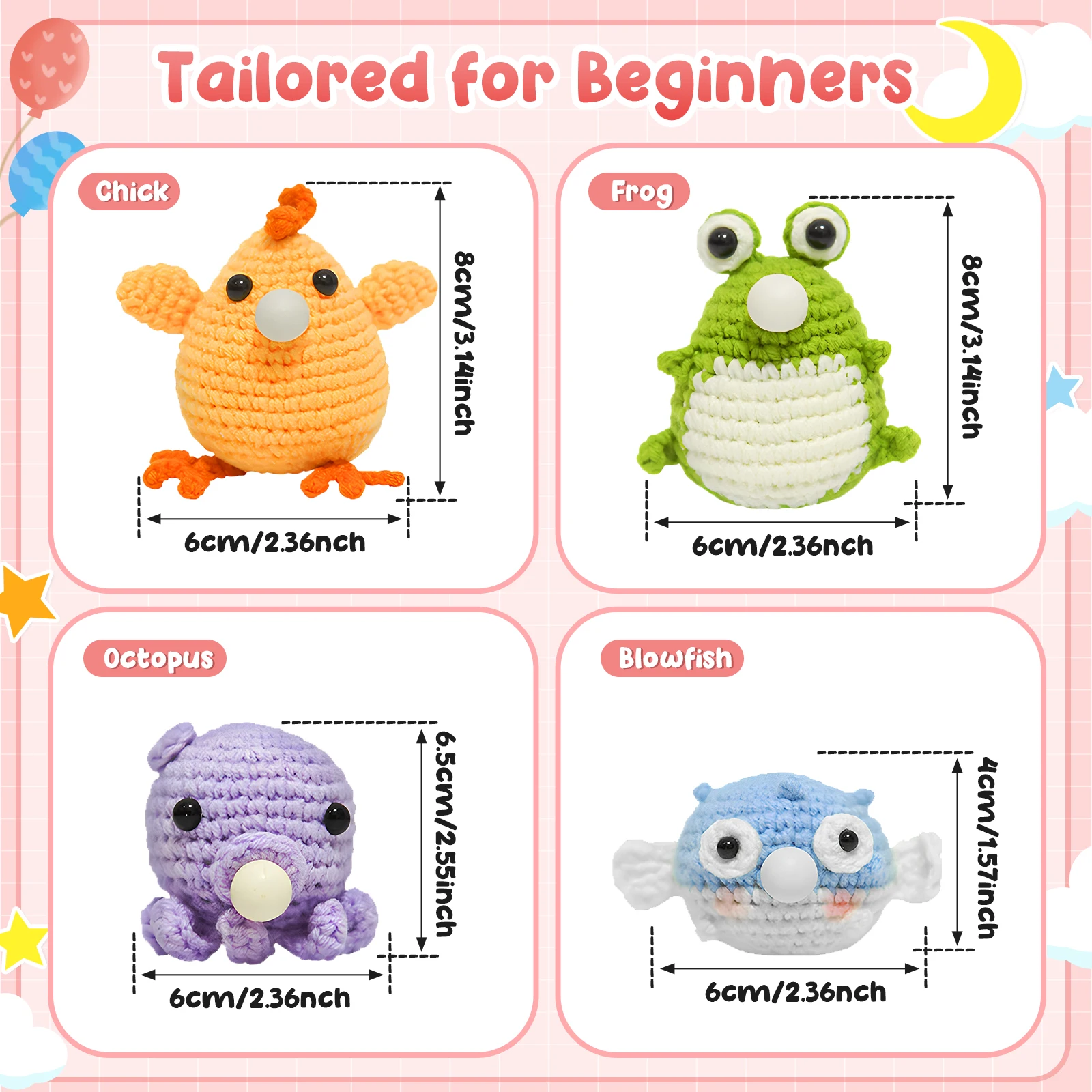 4Pcs Crochet Kit for Beginners Complete Animal Crochet Knitting Adorable Doll Chick Frog Octopus Starter Pack Craft Kit