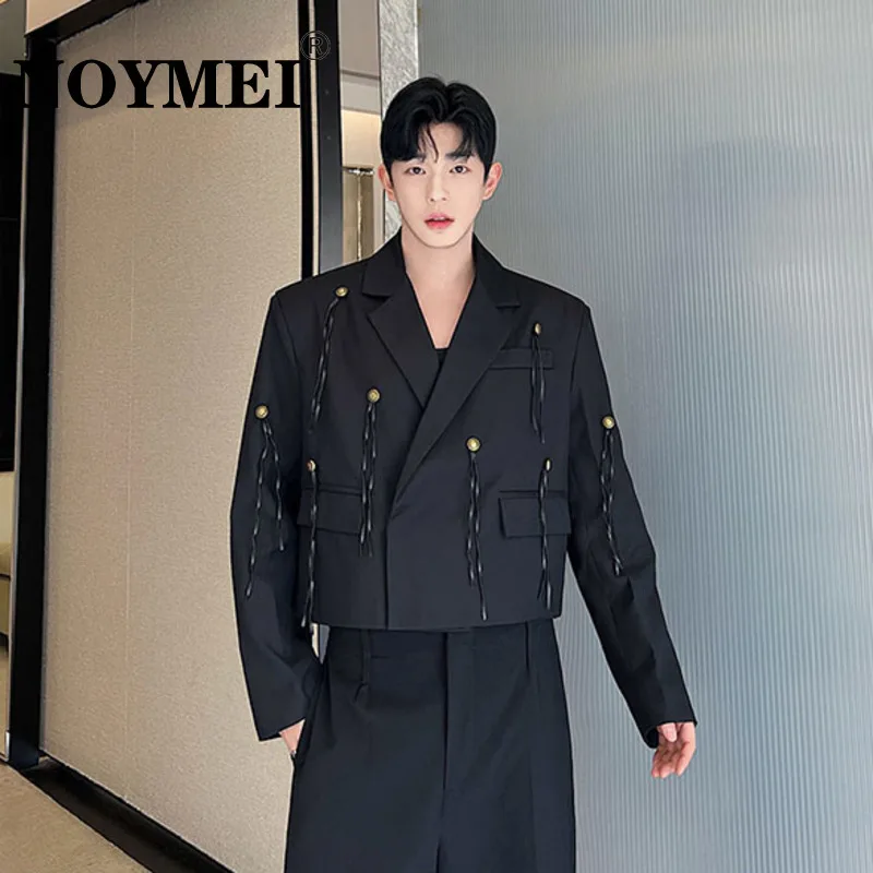 

NOYMEI Short Suit Jacket Fashionkorean Style Men 2024 New Black Autumn Vintage Metal Button Tassels Male Blazer Trendy WA2552