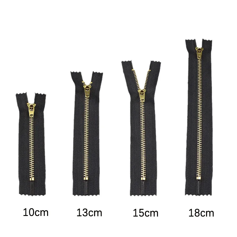 Set of 5 Brass Metal Self-Locking Zippers for Tailor's DIY Projects - Black and Blue, Various Lengths
