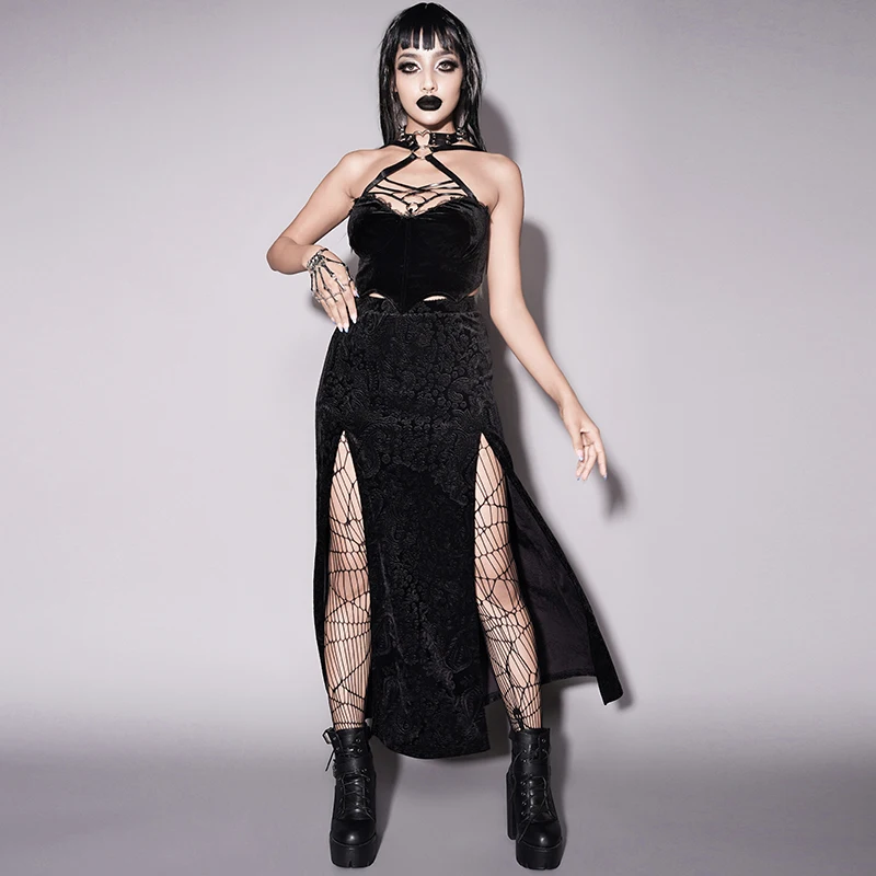 

Idopy Women`s Punk Gothic Stage Performance Halloween Long Maxi Skirt Floral Elastic Waist Split Costume Gothic Chi-pao