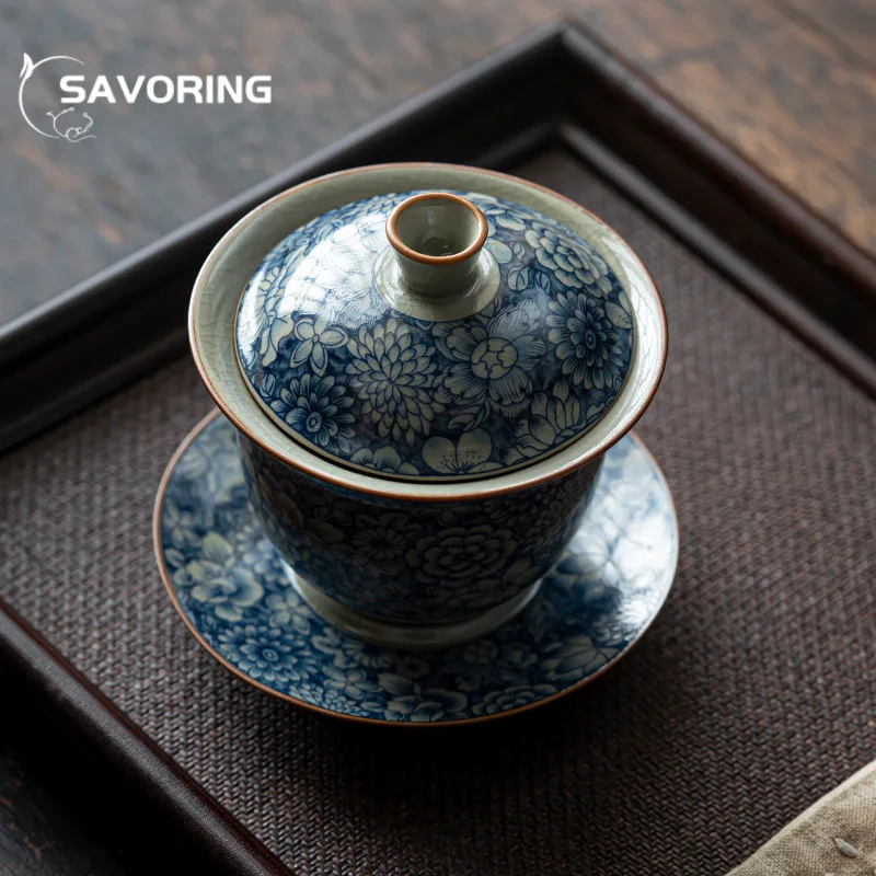 150ml Retro Blue and White Sancai Gaiwan Vintage Old Pottery Mud Tea Tureen Household Tea Brewing Cover Bowl Ceremony Craft