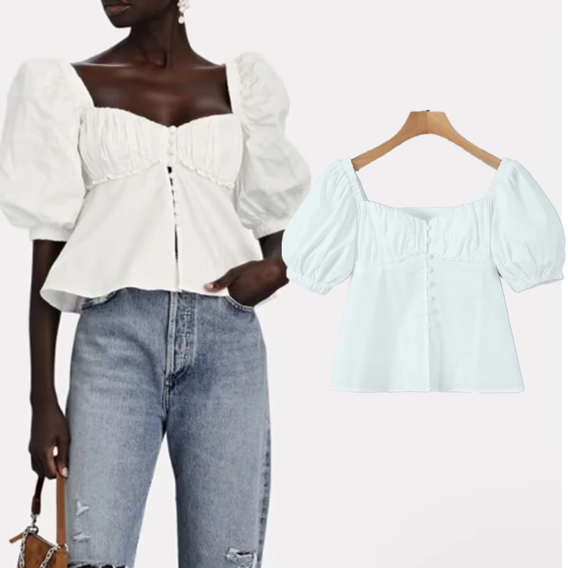 

Dave&Di 2023 Spring/Summer Blouse Women French Fashion Square Neck Single breasted Pure Cotton Top Casual Shirt