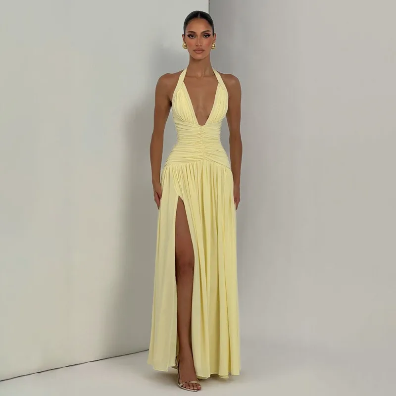 Elegant Luxury Deep V Neck Halter Maxi Evening Gown Backless Ruched High Waist Side Slit Bodycon Slip Dress Party Prom Cocktail