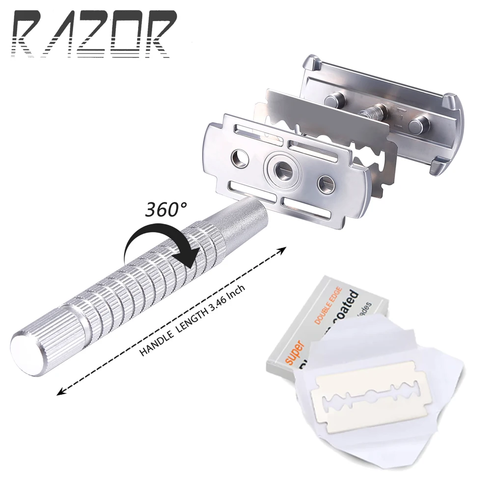 Whityle Metal Safety Razor Classic Wet Shaver Large Handle Beard Carving Razor 06T With 5 Platinum Coated Blade 5
