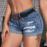 Women's Split Denim Shorts Summer Beach Wild Fashion Sexy Mid Waist Curled Cuff Perforated Elastic Slim Fit Casual Shorts - Image 4