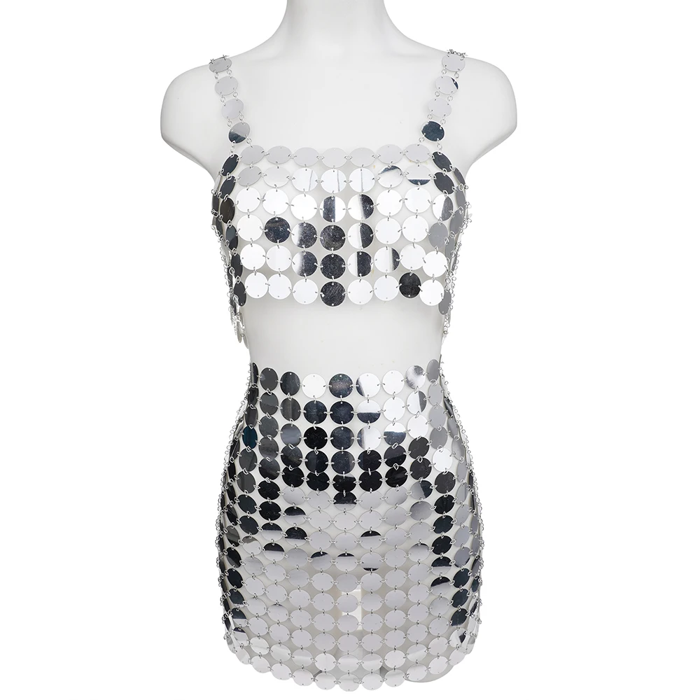 Sequins Bikini Body Chain Set Women Bling Rave Outfits Sexy Skirts Backless Bra Set Nightclub Festival Body Jewelry Accessories