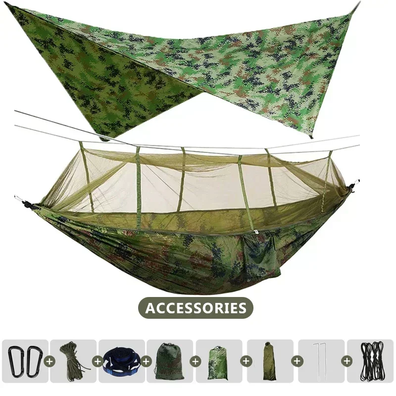 Hamac de Camping Double extérieur 260x140cm, avec moustiquaire et bâche anti-pluie, hamacs de Parachute légers pour voyage et randonnée