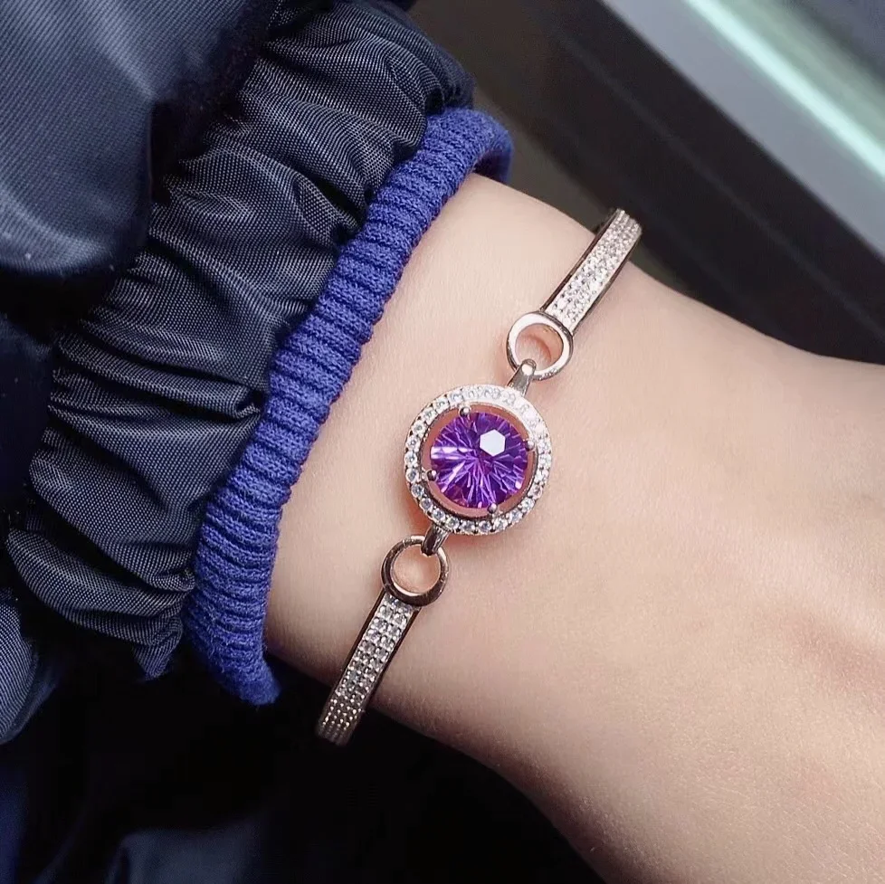 Fashion Sterling Silver Amethyst Bracelet 8mm 2ct VVS Grade Natural Amethyst Silver Bracelet 925 Silver Amethyst Jewelry