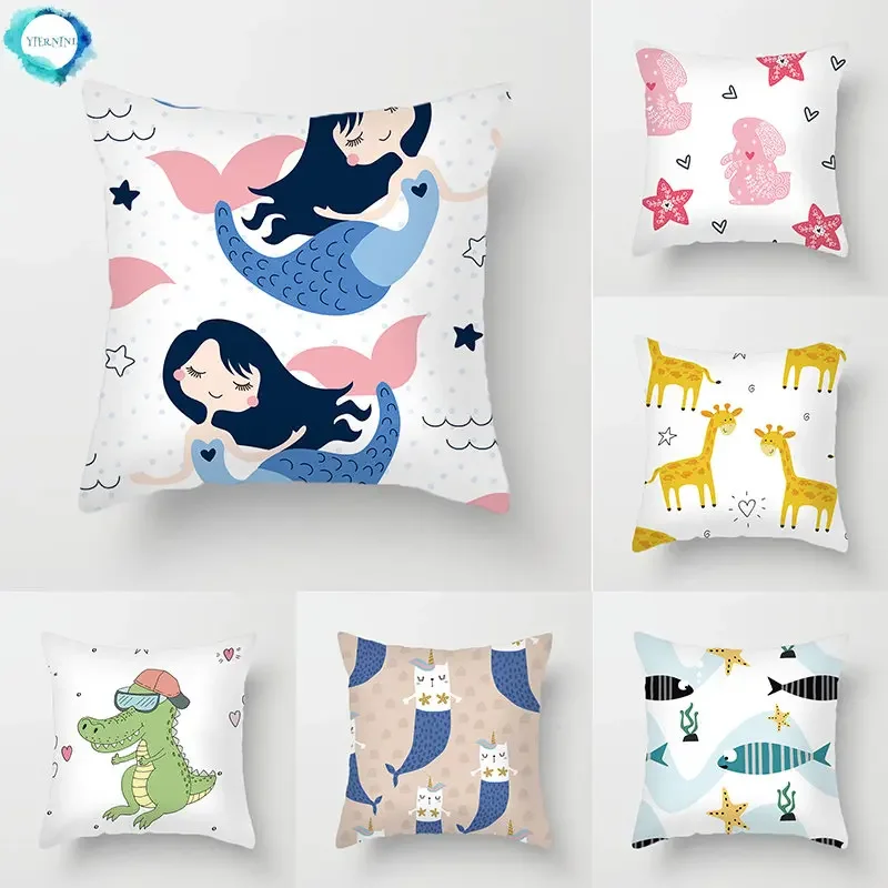 

45*45cm Cute Cartoon Mermaid Dinosaur Alpaca Fox Pillowcase Sofa Office Seat Lumbar Cushion Cushion Cover Home Decoration Pieces