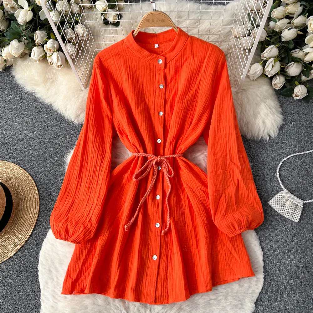 

Korean Style Women Dress with Belt Lantern Sleeve Stand Collar Mini Dresses 2023 New Spring Summer Loose Female Vestidos