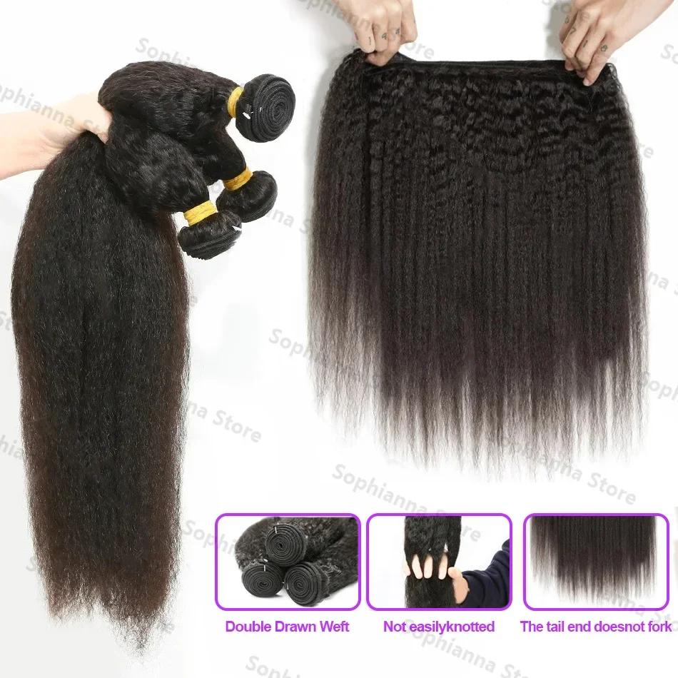 30 Inch Human Hair Indian 12A Kinky Straight 3 Bundles Raw Virgin Unprocessed Yaki Straight Double Weft Bulk Braiding Hair 4