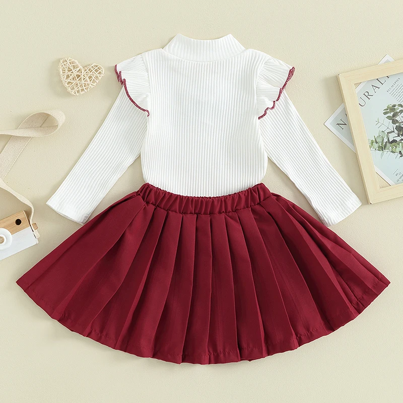 

Kids Toddler Baby Girl Fall Winter Clothes Mock Neck Bow Long Fly Sleeve Knit Sweater Top Pleated Mini Skirt 2PCS Outfits Set