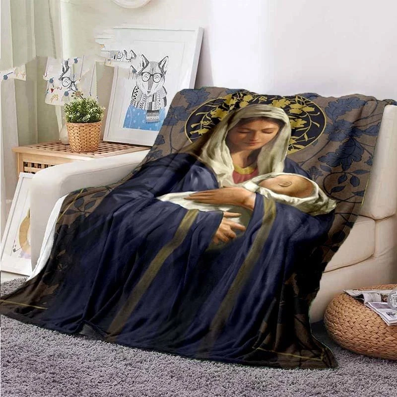 

Virgin Mary Flannel Blanket Fluffy Lightweight Fleece Throw Comfort Soft Warm Baptism Cozy Nursery Bedding Decor Bedroom