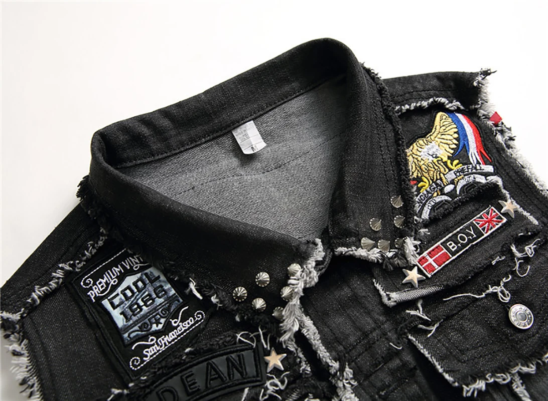 2024 New Punk Style Outerwear Men's Black Embroidered Denim Cardigan Youth Pop Street Style Lapel Men's Casual Vest 3
