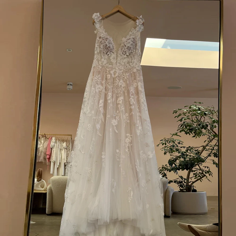 

Exquisite Wedding Dresses Jewel Neck Sleeveless Bridal Gowns Appliques Floor-Length Tulle A-line Illusion Robe De Mariee 2023