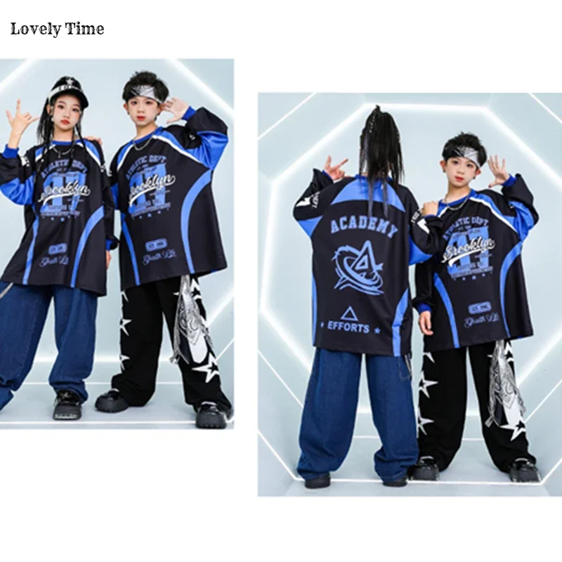 Girls K-pop Loose Contrast Sweatshirt Street Dance Pants Boys Hip Hop Jeans Clothes Sets Kids Jazz Costume Child Cool Streetwear