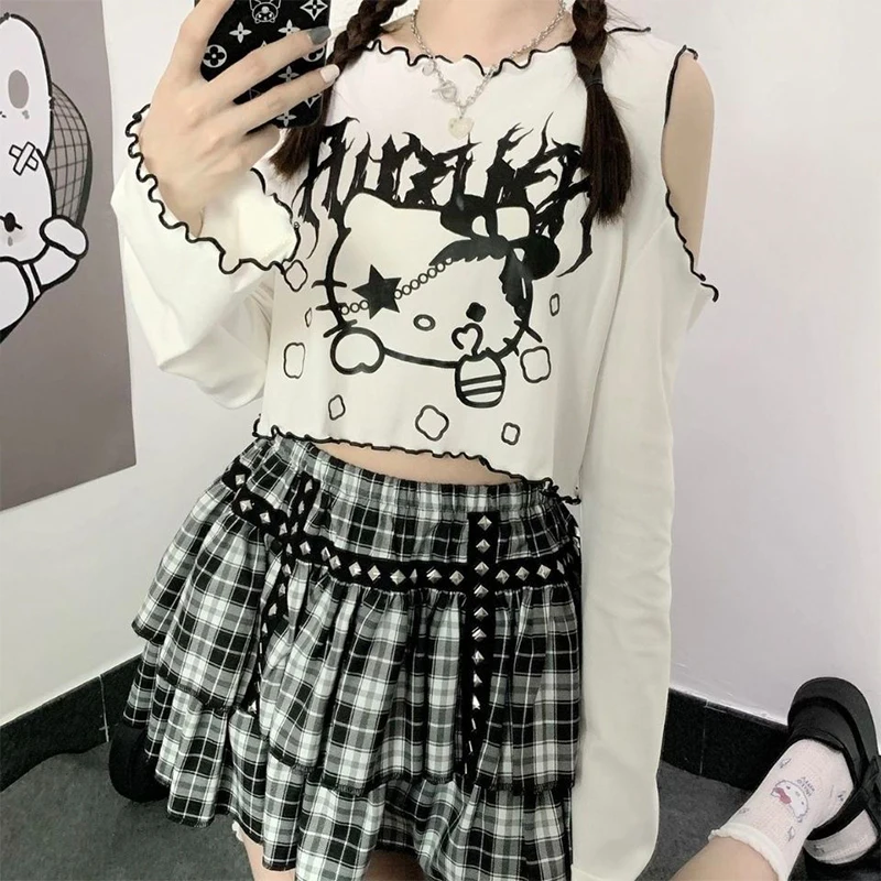 

Sanrio Hello Kitty The New Dark Cartoon Printing Short Style Loose Long Sleeves Bell Sleeves Fashionable Leaky Shoulders Jacket