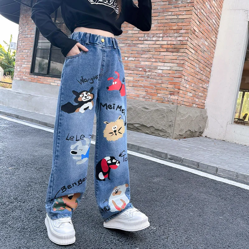New 2024 Teenage Girls Blue Street Cartoon Print Elastic Mid Waist