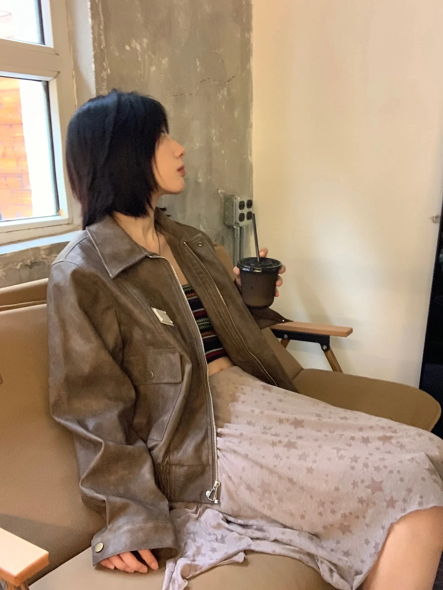 

Korean design Vintage slim fit Locomotive Coats sexy washed Fashion PU leather jackets