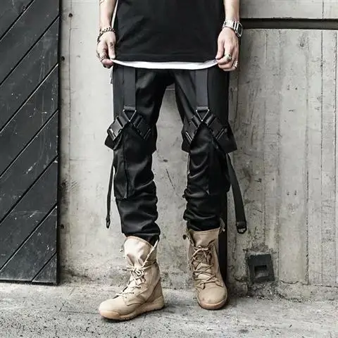 Harajuku Black Hip Hop Men Ribbons Cargo Pants Techwear