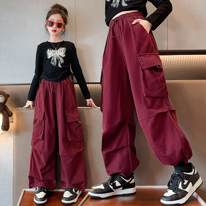 Kids Fashion Cargo Pants Girls Hip Hop Joggers Trousers Children Straight Baggy Sweatpants Spring Autumn Vintage Casual Pants