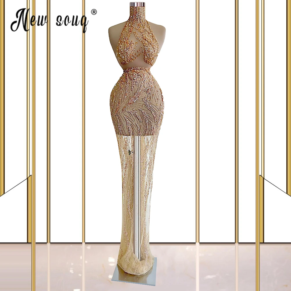 

Champagne See Through Evening Dress Sexy Beaded Crystals Cocktail Dress Prom Party Dress Mermaid FLoor Length Pageant Gowns