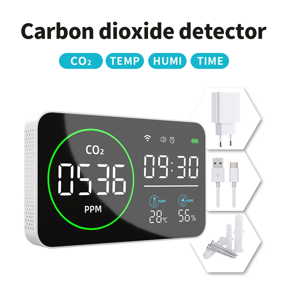 

4 in1 WIFI Smart Air Quality Monitor CO2 PM2.5 Temperature Humidity Current Time Tester With Alarm Clock Carbon Dioxide Detector