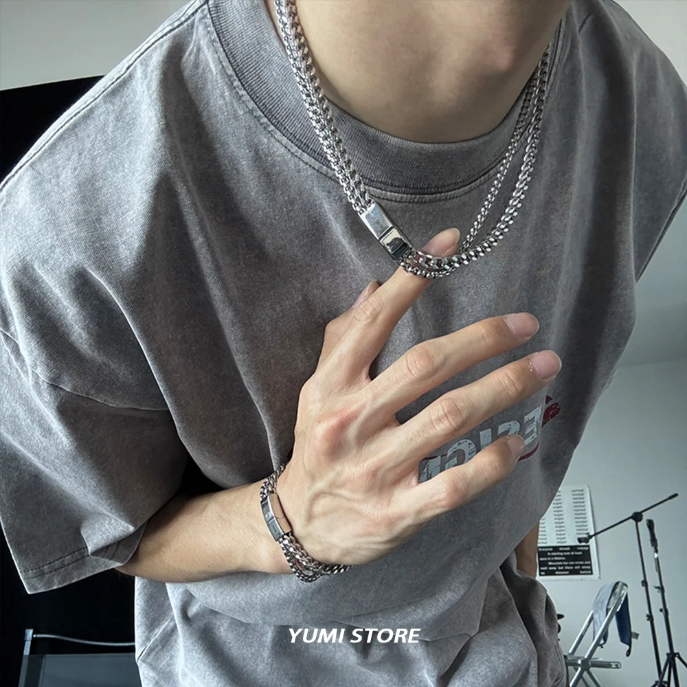 Hip-Hop Titan Stahl Doppel Kubanischen Halskette Für Mann Retro Einfache Kein Verblassen Schlüsselbein Pullover Kette Halsband Straße Schmuck Großhandel – Detail 3