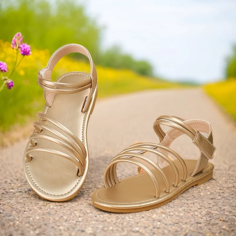 Students Golden Sandals 2025 Girls Romanesque Hollowed Out Breathable Children's Sandals Soft Soled Atmospheric Girls' Sandals 2
