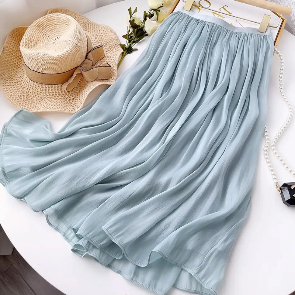 

2023 Elegant Silky Temperament Skirt Women's Long A-line Skirt Bohemian Summer Organza High Waist Pleated Skirt Female Falda