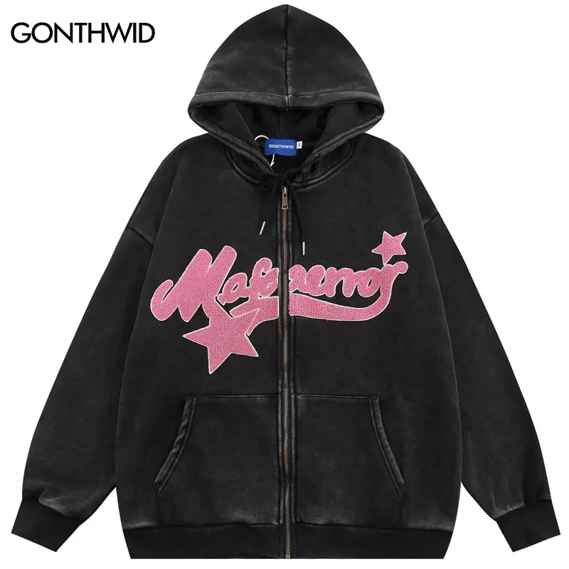 

Vintage Fleece Hoodie Coat Streetwear Hip Hop Embroidery Star Letter Zipper Washed Hooded Sweatshirt 2023 Harajuku Warm Hoodies