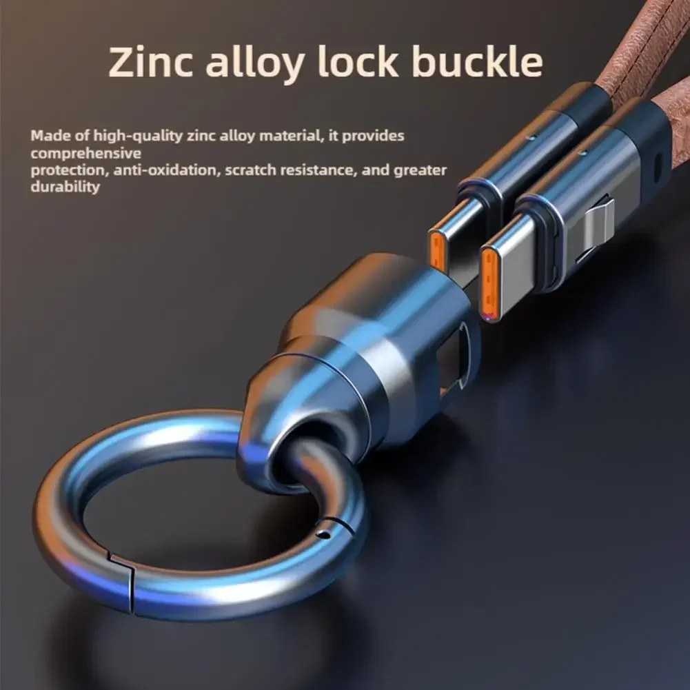 2 in 1 240W Fast Charging Cable Genuine Leather Lanyard Data Cable for iOS Android Charger Cord Computer Power Cable