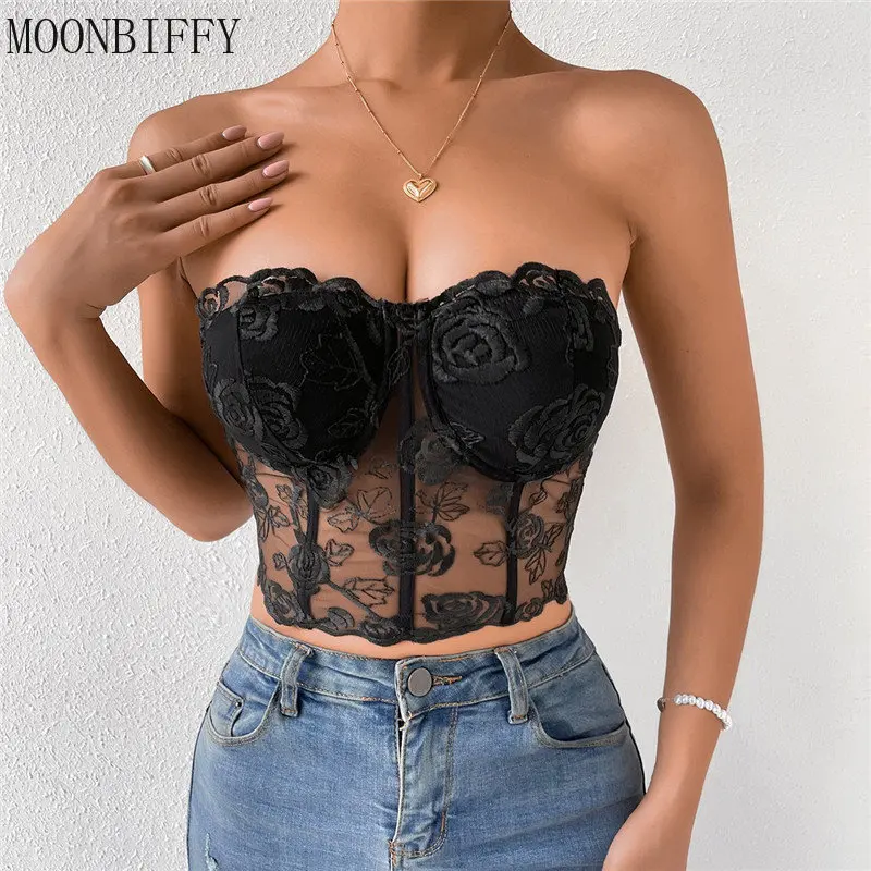 Women Sexy Corset Bra Lace Embroidery Floral See Through Off Shoulder Tank Top  bralette Summer Mesh Strapless Backless Underwear - AliExpress