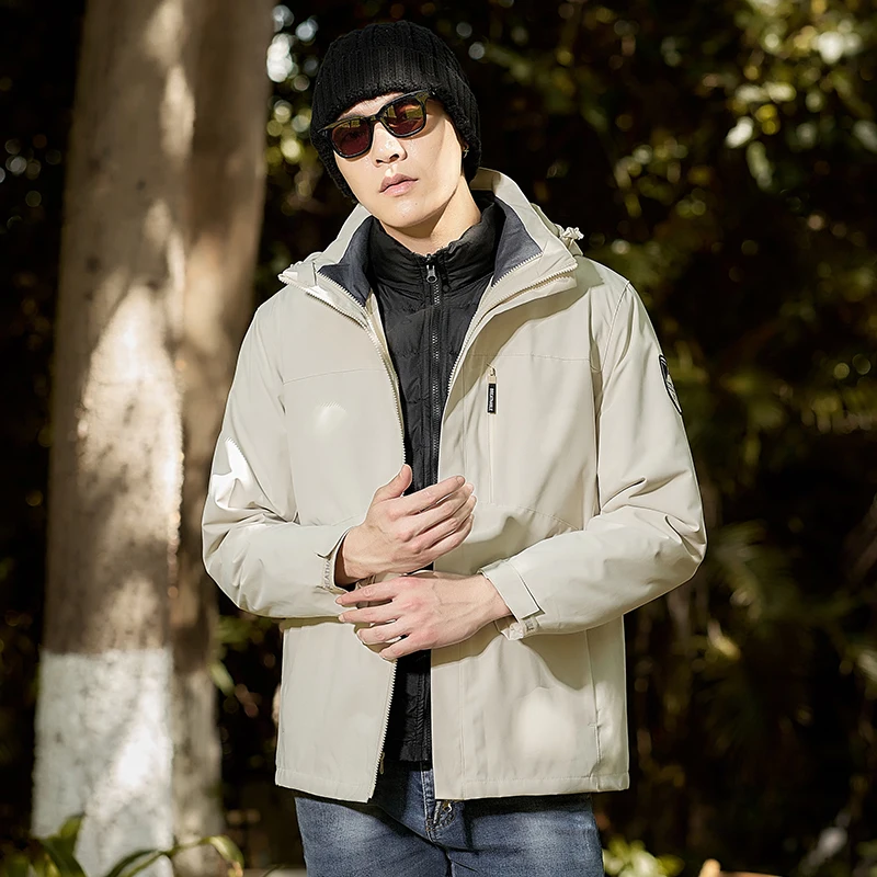 Hooded Patchwork Outdoor Jacket Men Winter Couple Three-In-One Detachable Goose Down Jacket Waterproof Mountaineering Coat