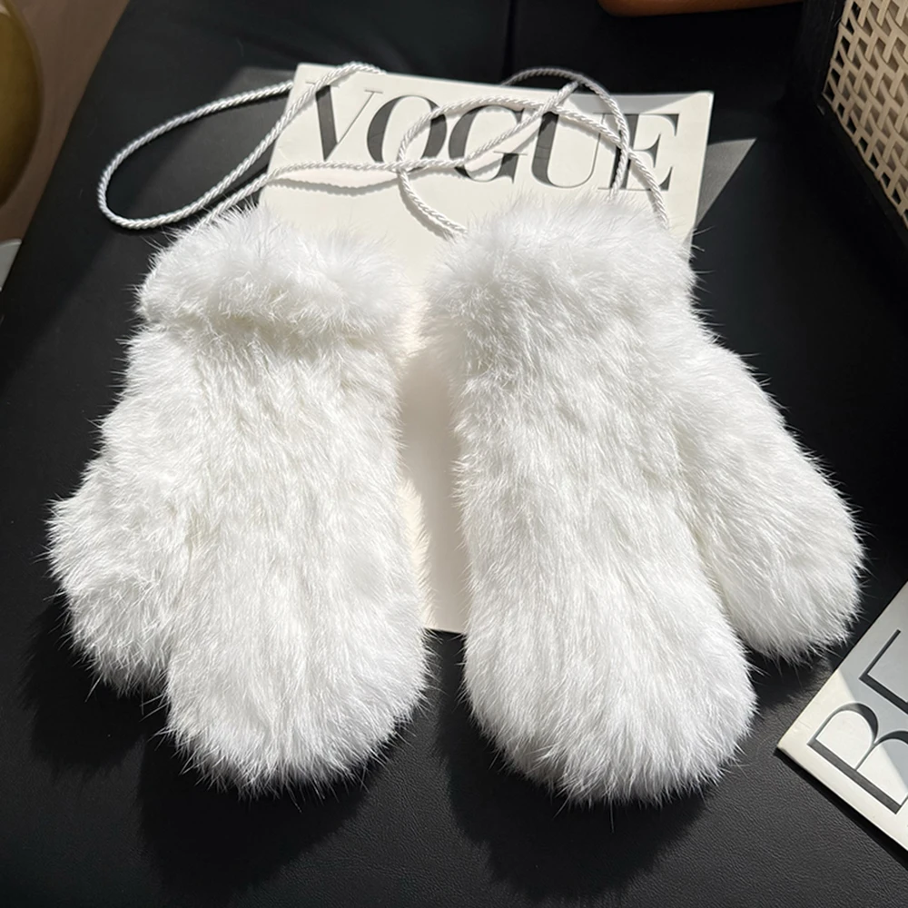 Women's Winter Real Rex Rabbit Fur Gloves Warm Thick Ladies Fur Mittens Elastic Girls Ski Glove Mitts Elastic Soft With String