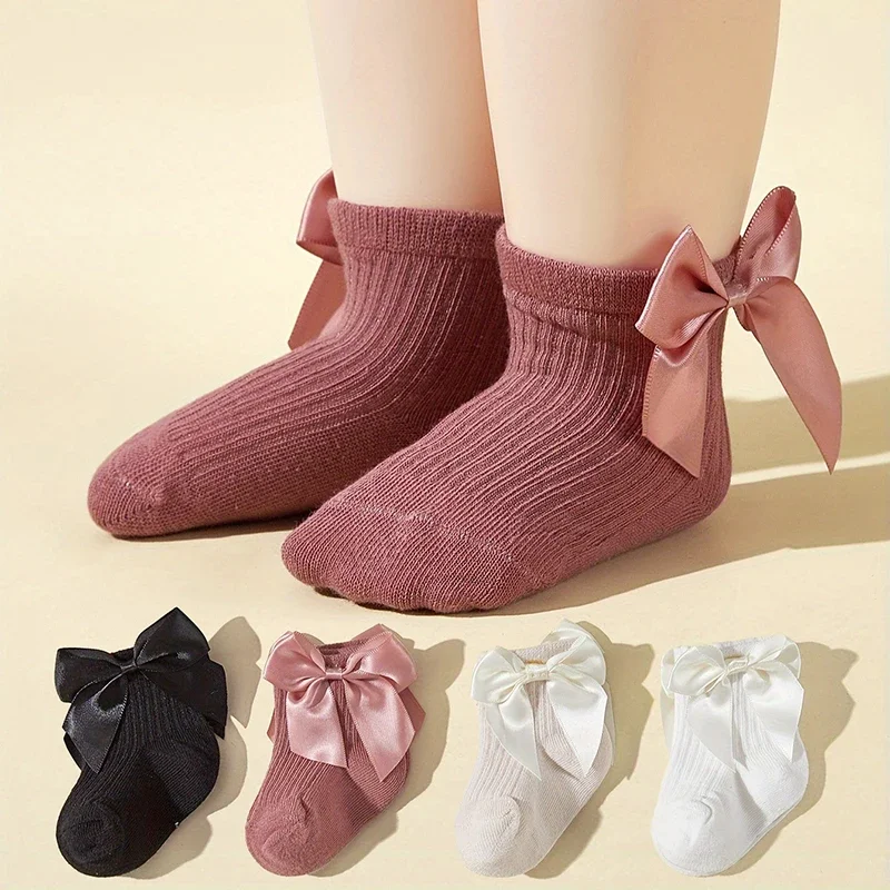 4 Pairs Baby Girl Socks Large Bow Princes Kids Middle Tube Socks Solid Color Spring Autumn Newborn Toddler Cotton Short Socks 6