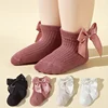 4 Pairs Baby Girl Socks Large Bow Princes Kids Middle Tube Socks Solid Color Spring Autumn Newborn Toddler Cotton Short Socks 6