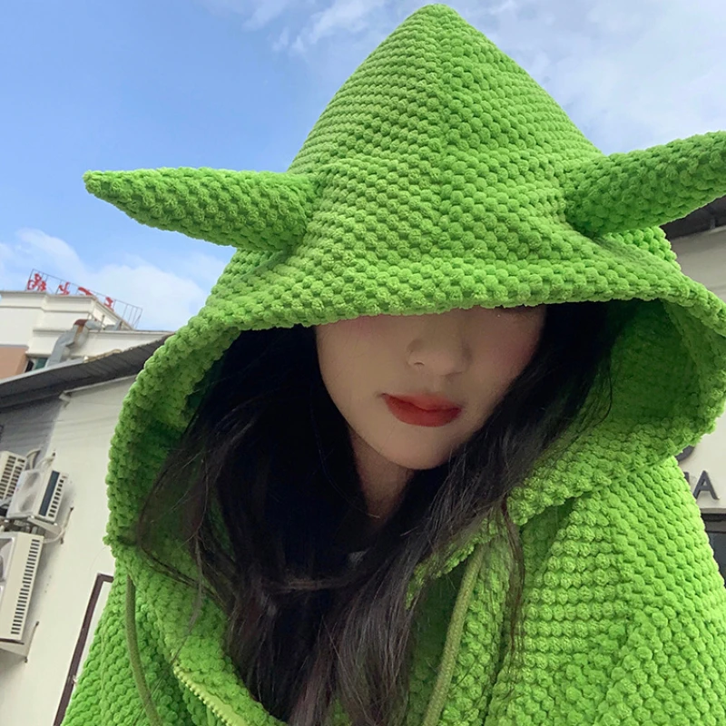 Women's Monochromatic Long Sleeved Hooded Sweater Zipper Jacket Kawaii Clothes Korean Autumn and Winter