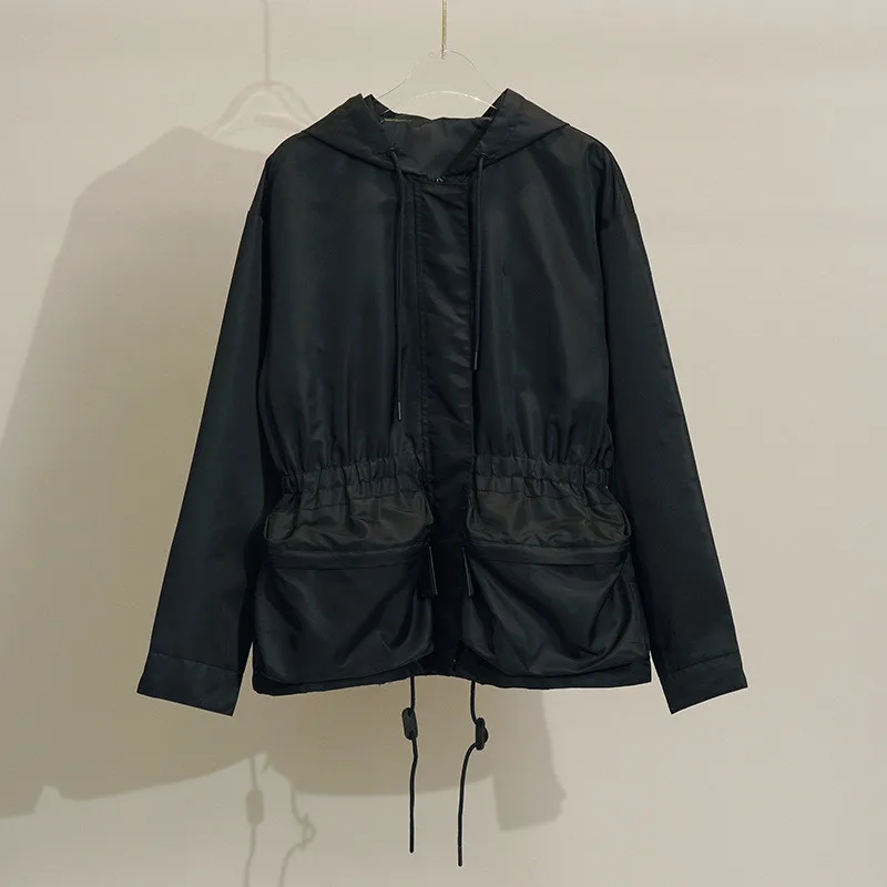 

2023 fall new black drawcord hooded waist jacket slim sun protection jacket top high quality coat woman