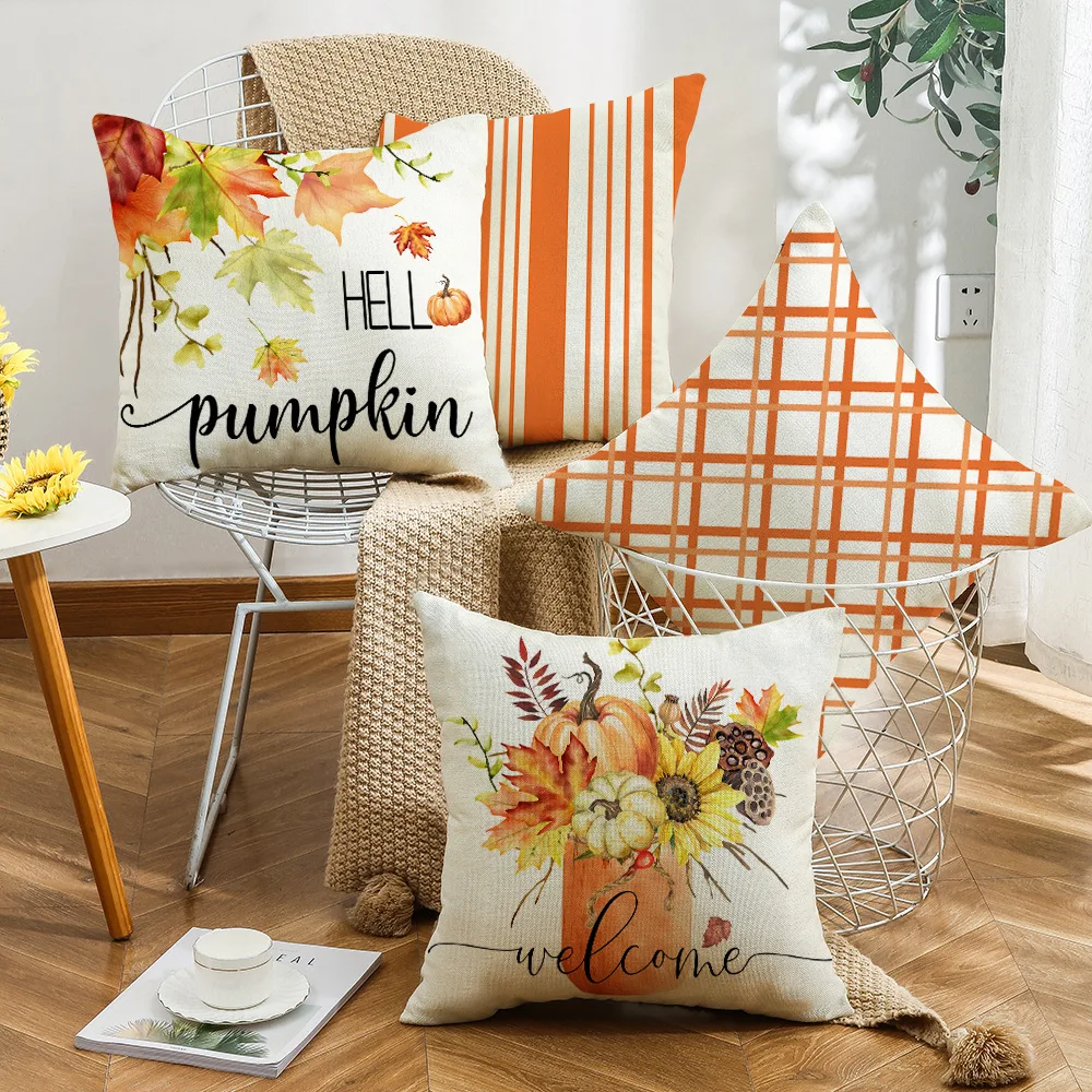 

Thanksgiving Pillow Cover Pumpkin Maple Linen Pillow Cojines 45x45 Home Sofa Cushion Cover Plant Print Holiday Decor Autumn